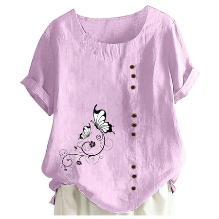 

plus Size Long Shirt Women s Printed Round Neck Raglan Sleeve Hem Slit Loose Short Sleeve Button Decoration Shirt V Neck Cotton Tunic plus Size Christmas Top Bra plus