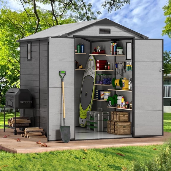 Sylviera 6x8FT Resin Outdoor Storage Shed with Floor, All-Weather Waterproof Plastic Garden Shed for Backyard, Heavy-Duty Storage Shed for Tools, Bikes & Lawn Equipment