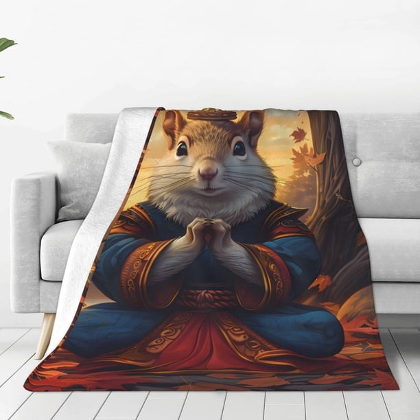 Balery Maple Leaf Meditating Squirrel Manta de Felpa Suave y Acogedora – Cobija de Franela Aterciopelada para Cama, Lavable y Cálida para Sofá, Mascotas, Transpirable-80"x60"
