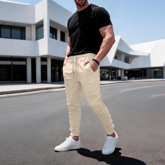 Men's Slim Jogger Pants Casual Tapered Drawstring Elastic Waist Jogging Sweatpants Running Exercise Gym Workout Athletic Pants with pockets Khaki L