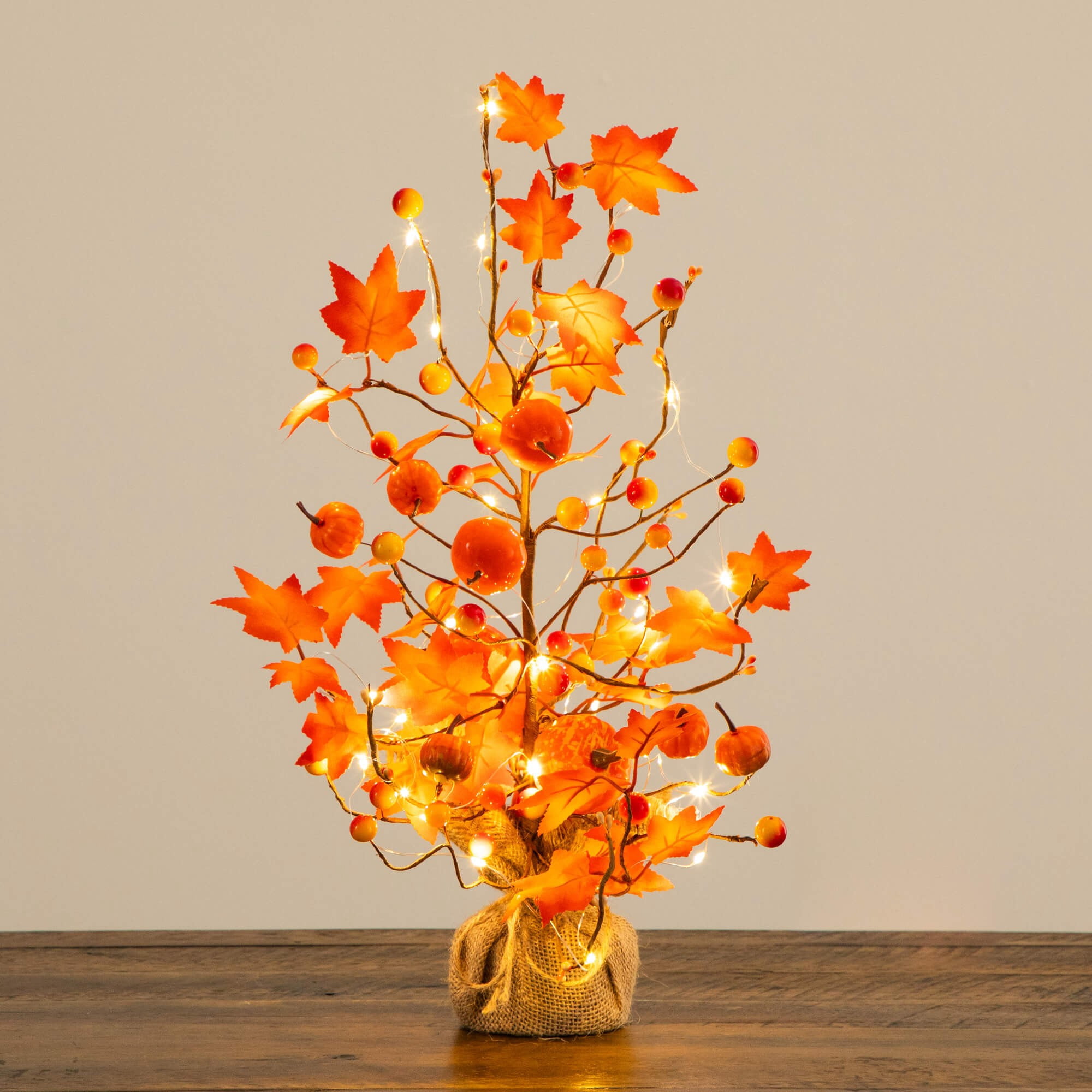 Nearly Natural 18in. Pre-Lit Artificial Maple Tree with Pumpkin Ornaments and 30 LED String Lights in Burlap Wrapped Base