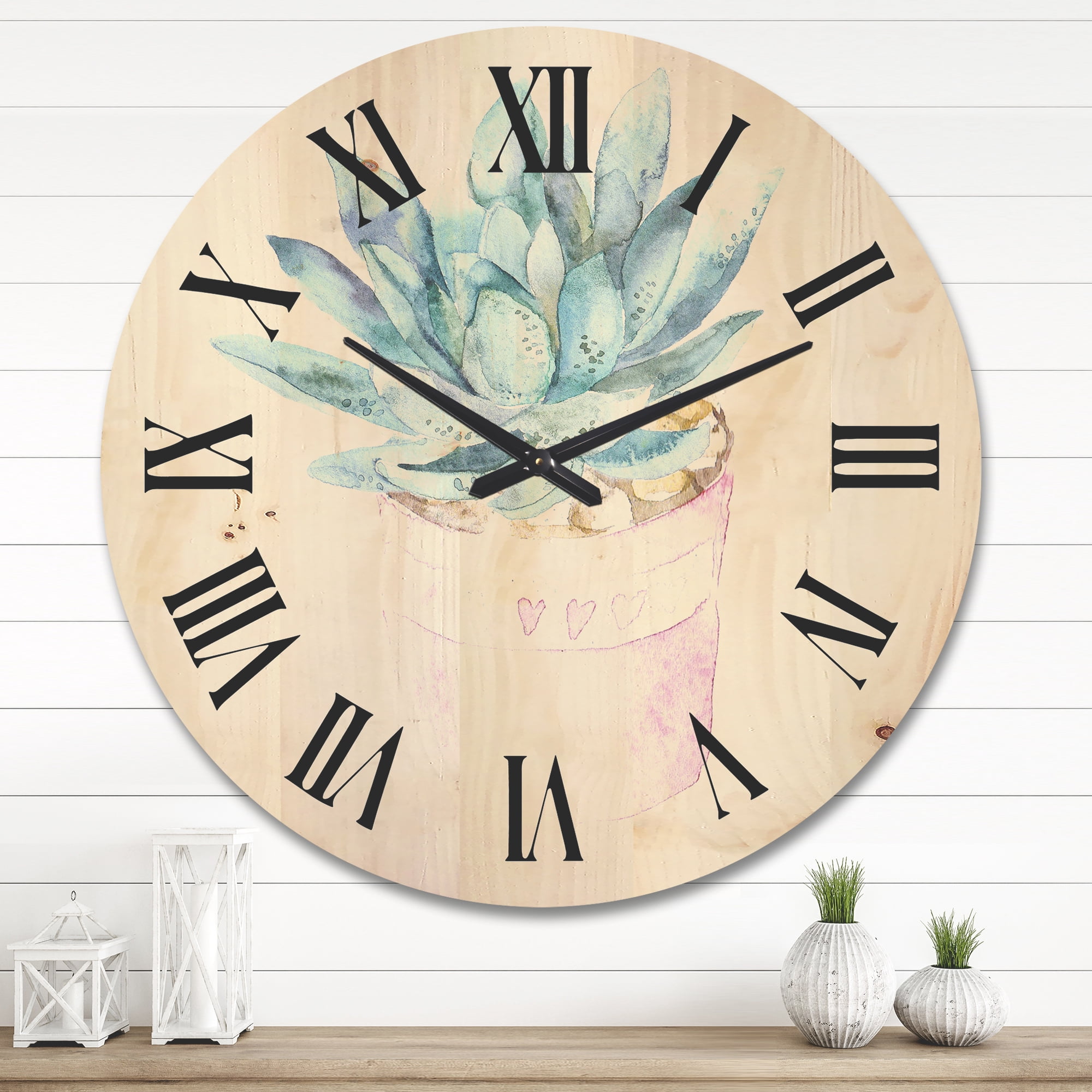 Designart 'Succulent and Cactus House Plants II' Farmhouse Wood Wall Clock
