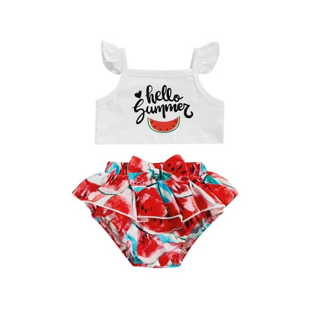 

2Pcs Baby Girls Watermelon Shorts Outfit Summer Letter Fly Sleeve Suspender Tops+ Watermelon Printing Flouncing Splicing Shorts