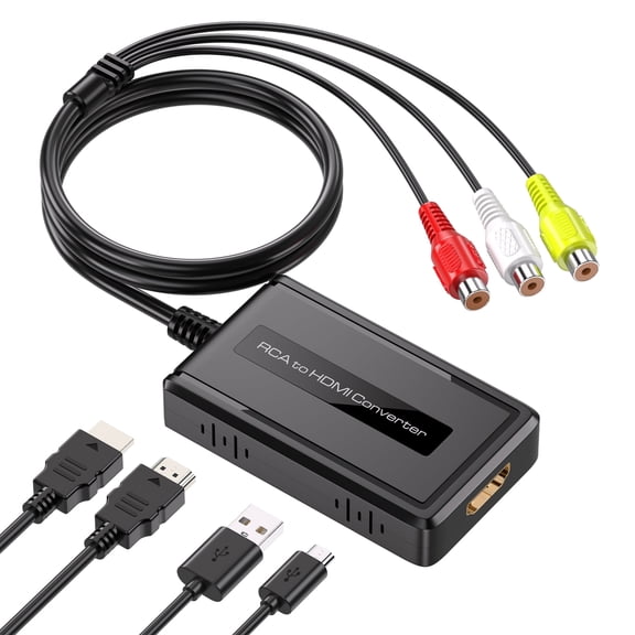 Female RCA to HDMI Converter, CVBS Composite AV Adapter with Matching Cables, RCA In HDMI Out Design for Male RCA Game Consoles to HDTV Monitors