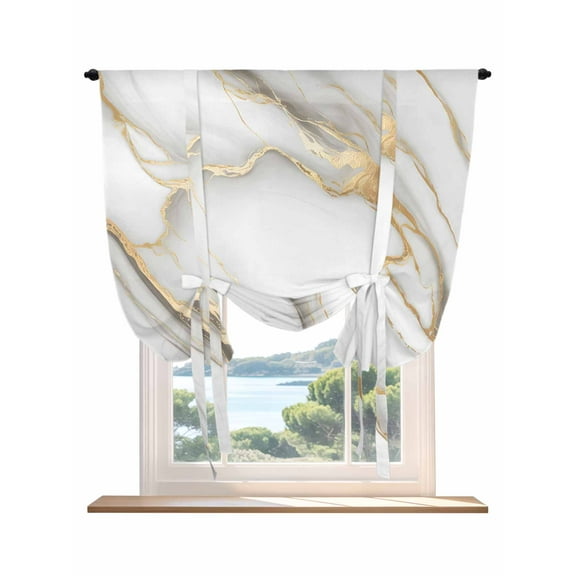 White Golden Marble Tie Up Curtains for Windows 45 Inch Length Balloon Curtains Kitchen Adjustable Balloon Window Shade Modern Abstract Art Marble Flow Tie Up Valance Bathroom Curtain Window 52"x45"