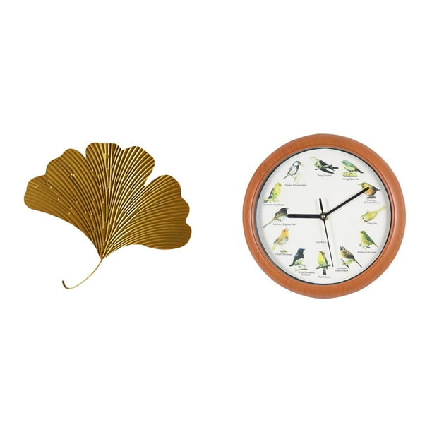 Esculturas de pared de hojas,Esculturas de pared de hierro forjado con hojas de ginkgo,Escultura de arte de pared con hojas de ginkgo para colgar,Reloj de pared,Reloj de pared con pájaro