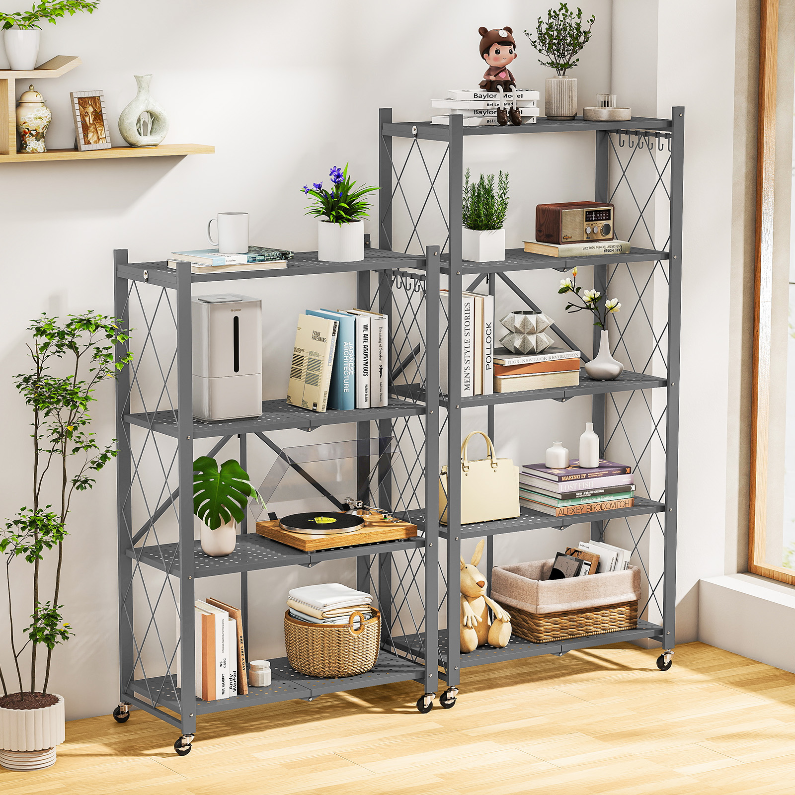 Vebreda 5-Tier Foldable Metal Storage Shelf with Wheels, No-Assembly Collapsible Shelving Unit, Heavy-Duty Rolling Organizer Rack for Kitchen, Garage, Pantry, and Office