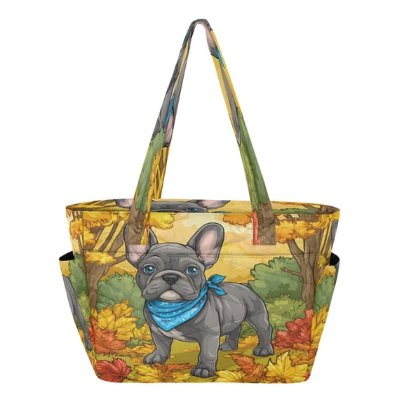 Quilted Tote Bag Large Capacity Multi-Compartment Handbag Lightweight Structured Shoulder Bag Versatile Casual Bag Cute Gray French Bulldog