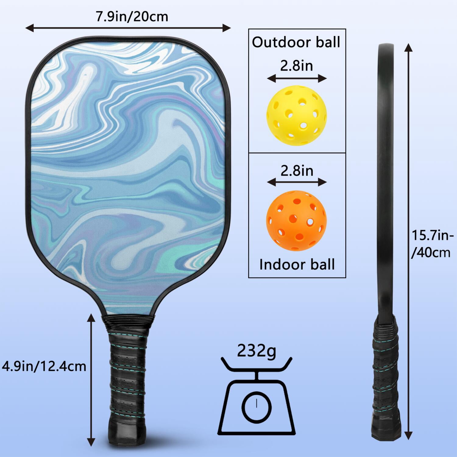 Pickleball Paddles Set Of 1, Fiberglass Surface, Liquid & Marble Print, 1 Paddles, 2 Balls & Bag