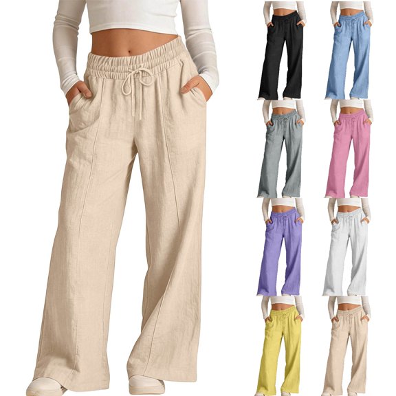 Iyufng Cotton Linen Pants for Girls Drawstring Wide Leg Pants with Pockets