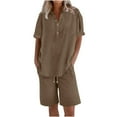 thumbnail image 3 of Women's Plus Size Linen-Cotton 2-Piece Set Short Sleeve V-Neck Button up Top and Drawstring Shorts Casual Outfit for Beach Vacations, 3 of 4