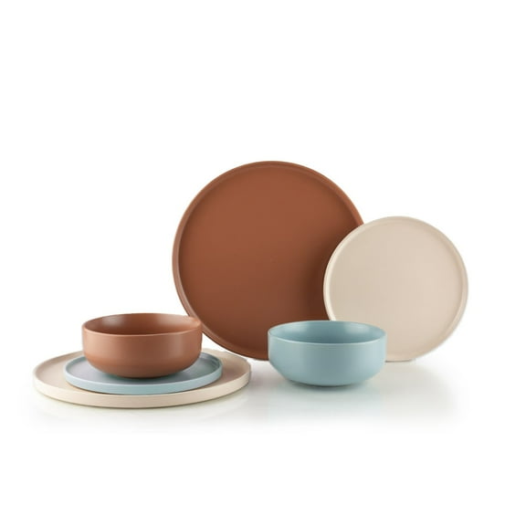 Everything Kitchens Modern Flat 24-Piece Dinnerware Set | Soft Pink, Dusty Blue, Terracotta