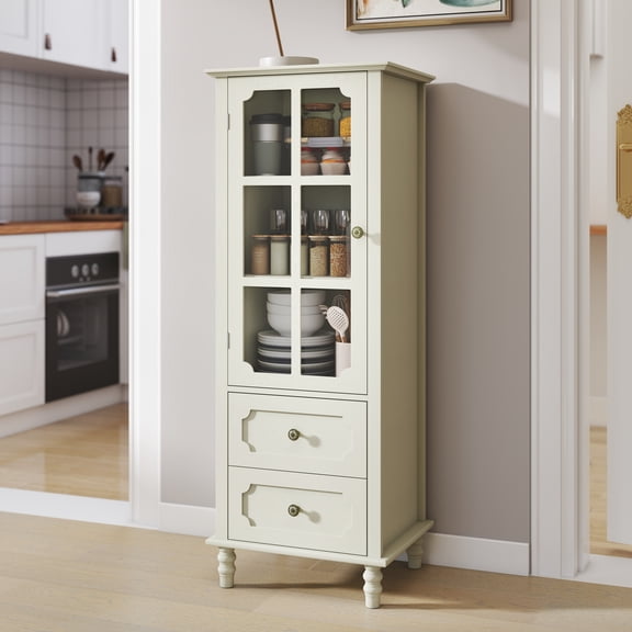 Shaiailed 52"H White Buffet Cabinet with Storage,Narrow Buffet Cabinet with Glass Doors and Double Drawer,Modern Accent Cabinets,Narrow Hallway Cabinet for Living room, Dining Room Hallway Entryway