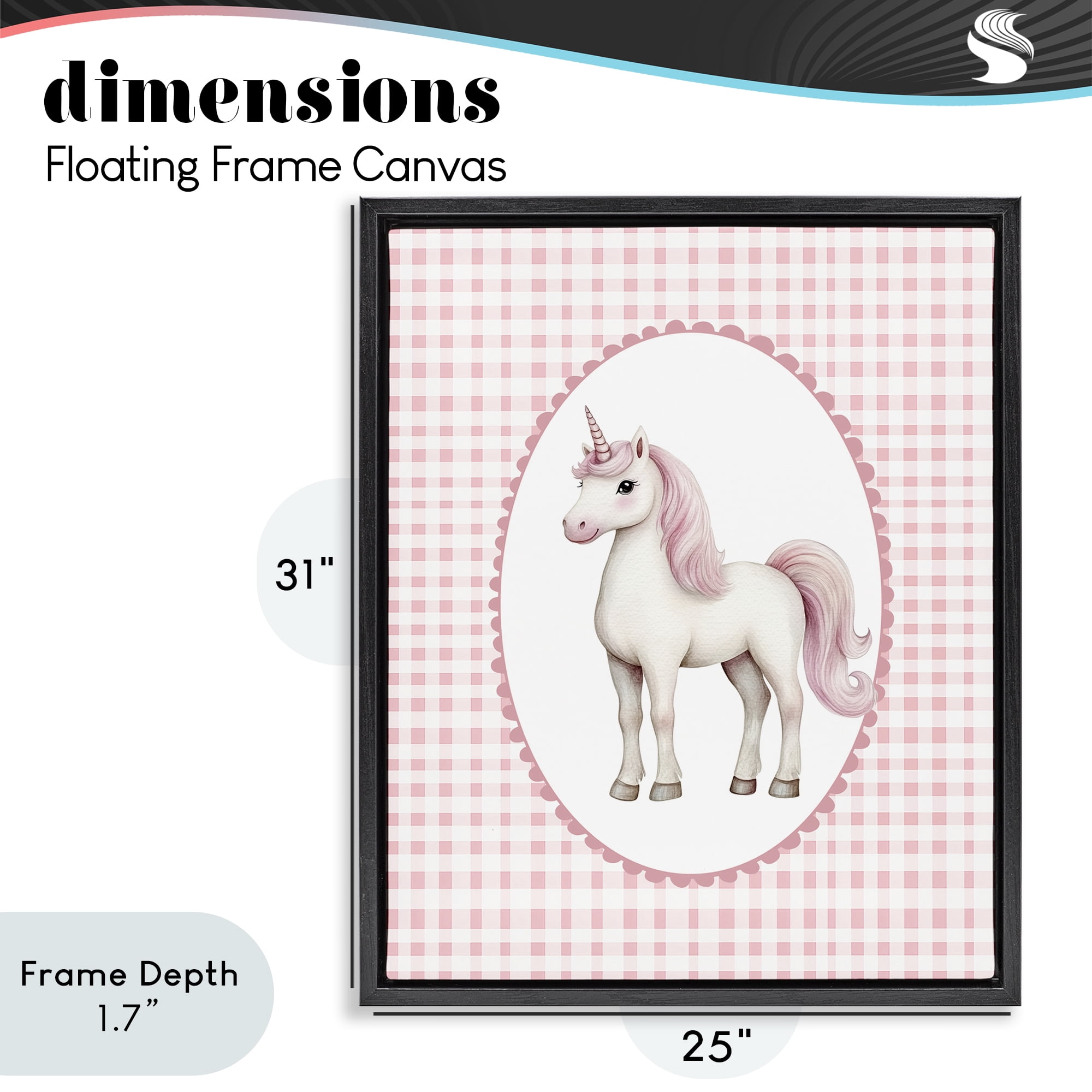 Stupell Industries Pink Gingham Unicorn Black Framed Floater Canvas Wall Art, design by Christine Simpson Art