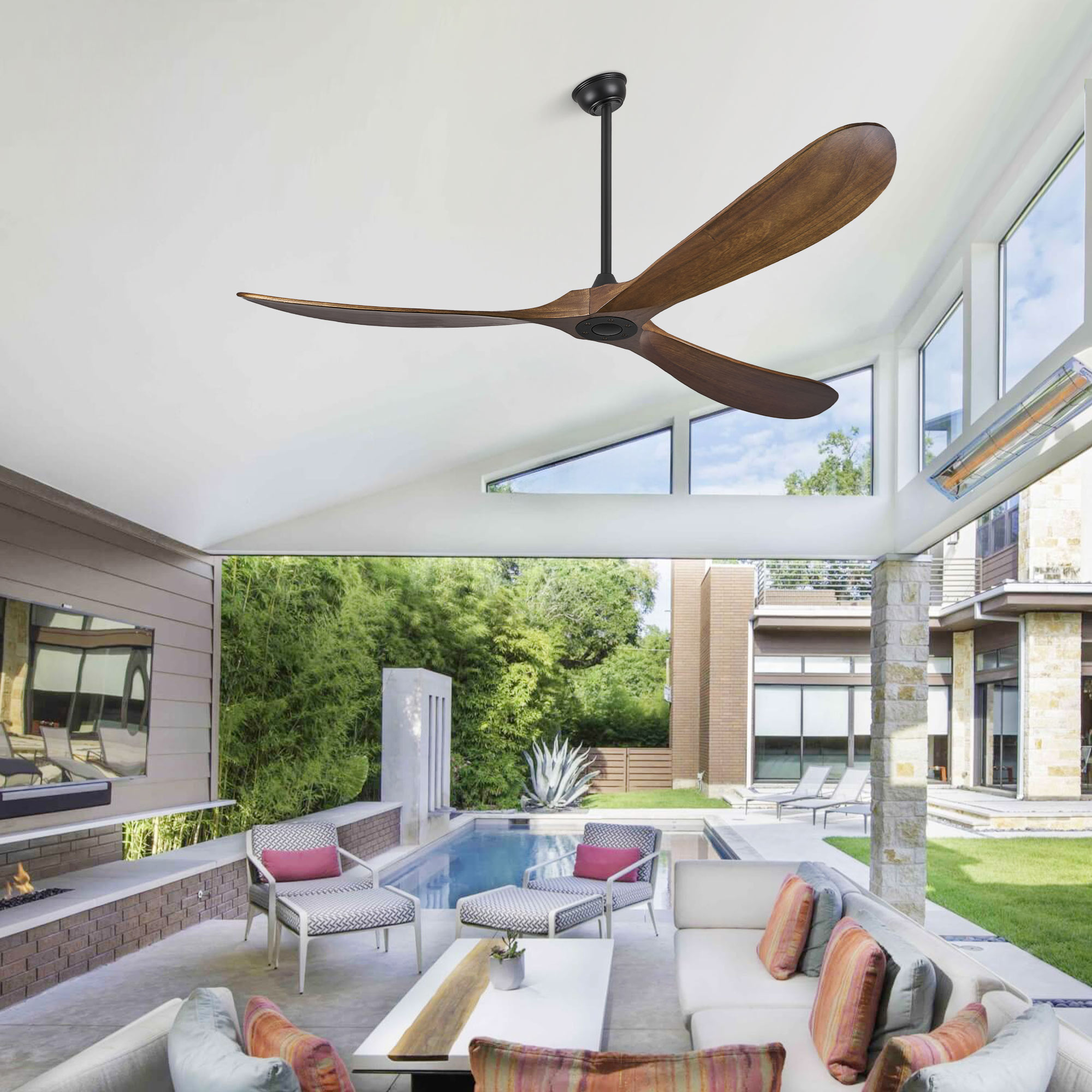 72 Inch Solid Wood Walnut Coastal Farmhouse Indoor Outdoor Patio Propeller Ceiling Fan with Remote DC Motor