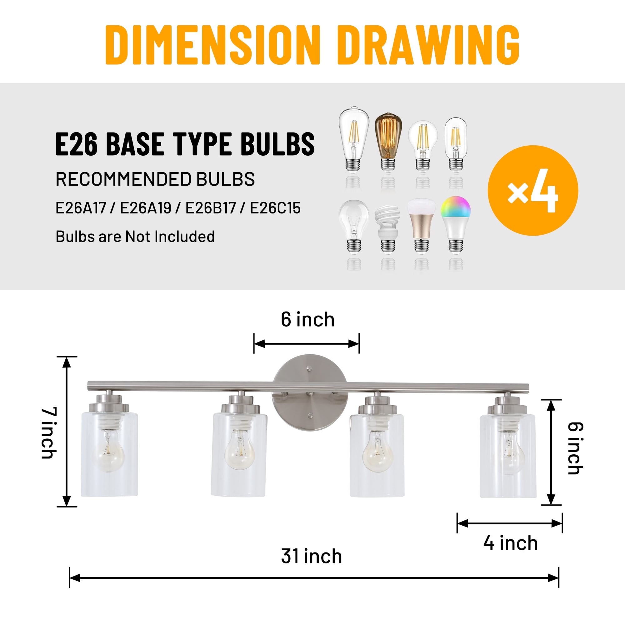 4-Light Bathroom Light Fixtures, Sand nickel color Modern Vanity Lights Over Mirror with Clear Glass Shade, Bathroom Wall Lamp for Mirror Kitchen Living Room Hallway Cabinet Porch Bedroom
