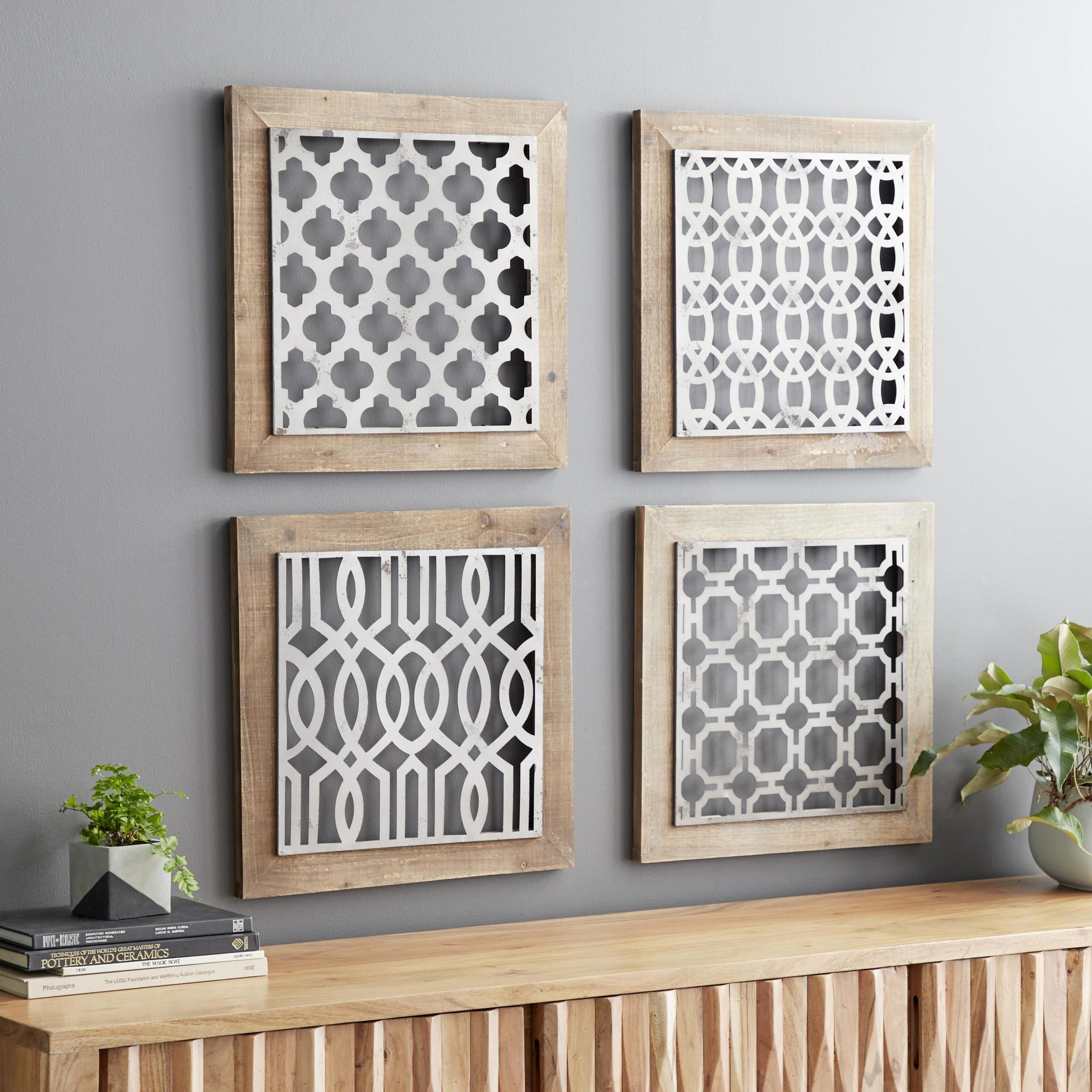 DecMode Farmhouse Natural Brown Wood Square Wall Décor, Set of 4 19"W x 19"H, Features Quatrefoil, Imperial Trellis, Chain-Link and Tile Patterns
