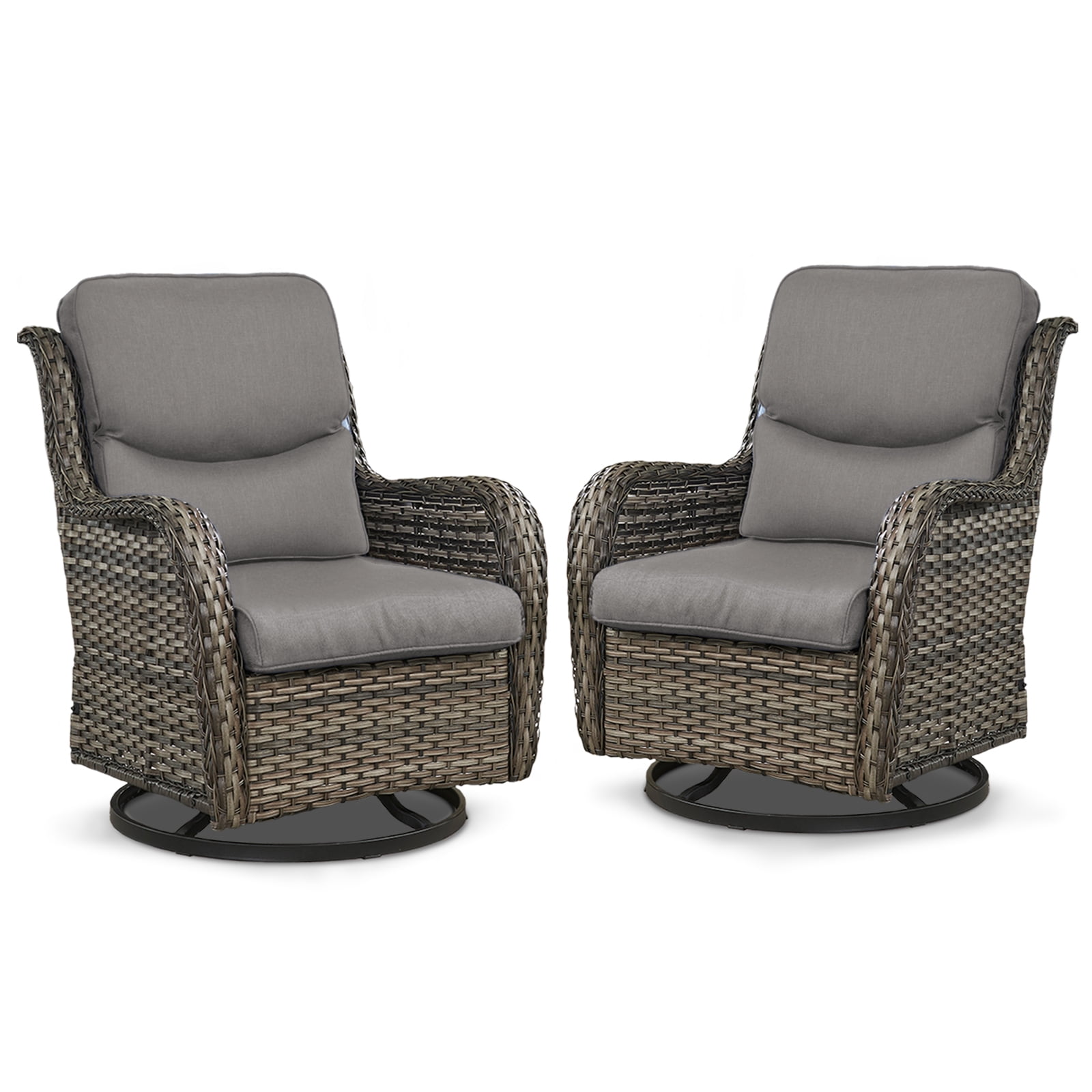 POCASSY Patio Swivel Chairs, Outdoor Wicker Swivel Glider Rocking Chairs with High Back and Thick Cushions for Porch Deck - Set of 2, Gray