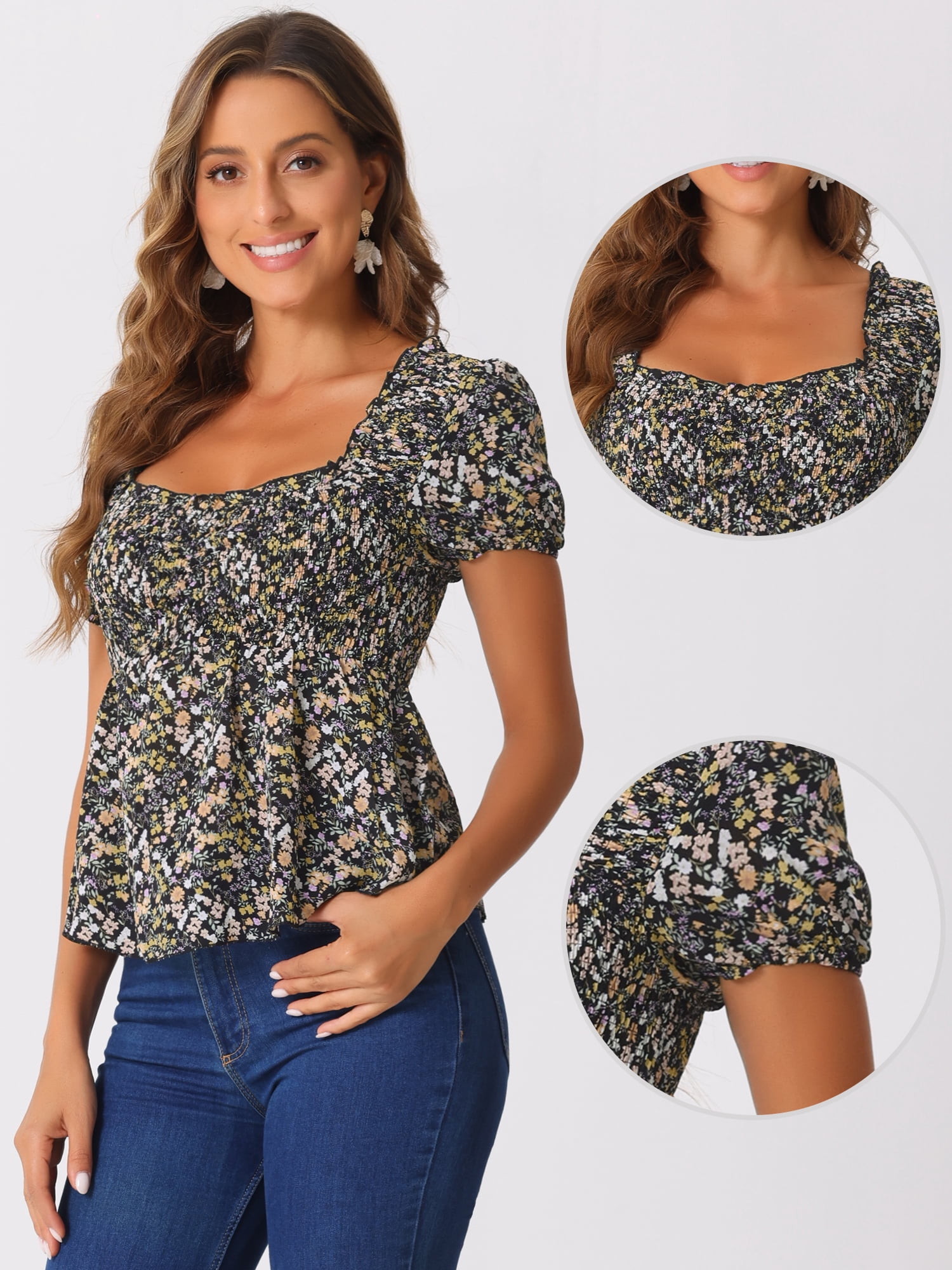DARING DIVA Women's Floral Neck Ruffle Peasant Top Blouse L Black