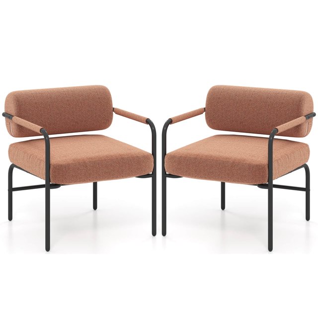 Costway 2 PCS Velvet Upholstered Accent Chair with Cylindrical Backrest & Metal Armrests Brown