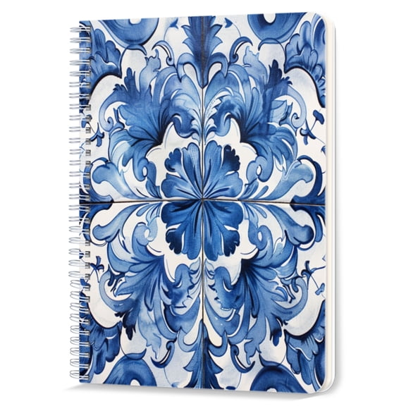 Spiral Notebook,Double-Wire Spiral College Lined Journal Notebook for Study and Notes,100 Pages,5.71x 8.26 in - White Canvas Adorned with Blue Floral Motifs