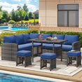 thumbnail image 3 of YODOLLA 7-Piece Patio Funiture Set with 30" Fire Pit Table, Outdoor Furniture Sectional Sofa, PE Rattan Wicker Patio Conversation Set in Navy Blue, 3 of 9