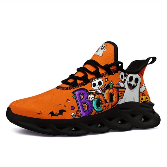 Coolcustomize Men's Spooky Glow-in-the-Dark-like Effect Low-Top Sneakers with Jack-O-Lantern/Charm, Orange Treat Shoes for Halloween, Lightweight Casual Trainers with Wiggly-Eye Ghosts & Bats Design