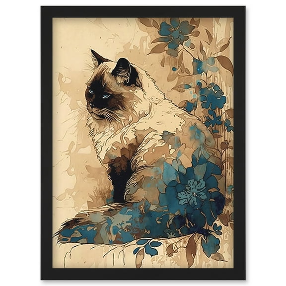 Ragdoll Cat with Floral Patterns Watercolour Illustration Artwork Framed Wall Art Print A4