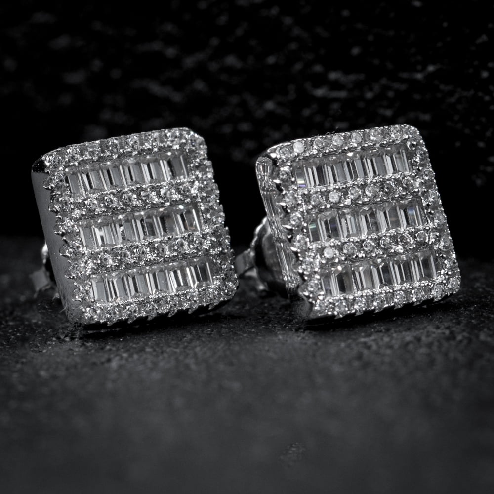Square 925 Sterling Silver Iced Cz Baguette Hip Hop Screw Back Men's  Stud Earrings