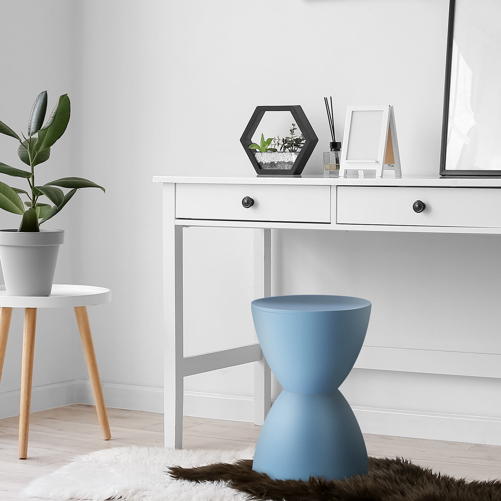 Plastic Hourglass Side Table Bedroom Nightstand, Blue