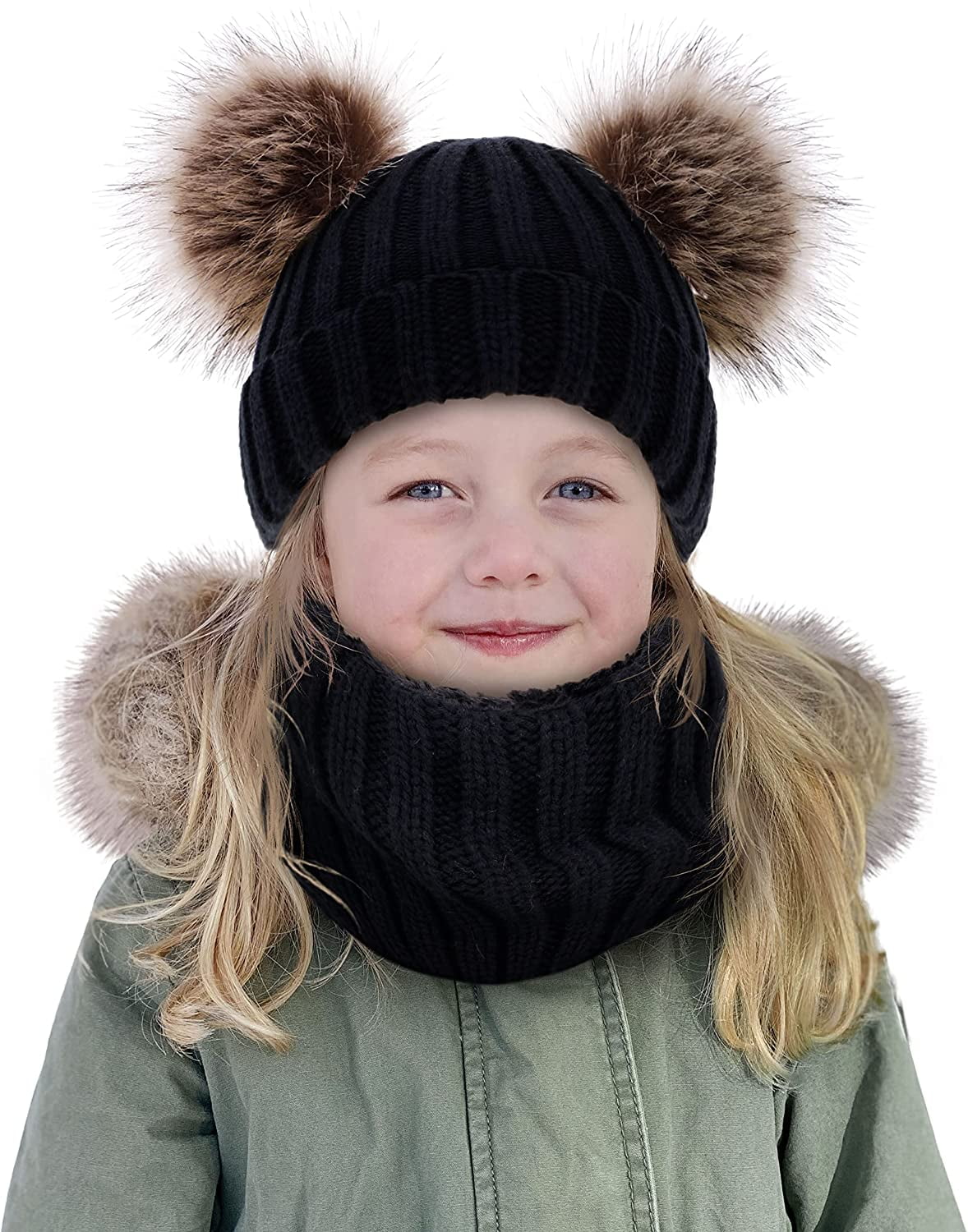 Kids Winter Warm Knit Beanie Hats Neck Warmer Scarf and Touchscreen Gloves Set with Pompom Fleece Lined for Boys Girls 