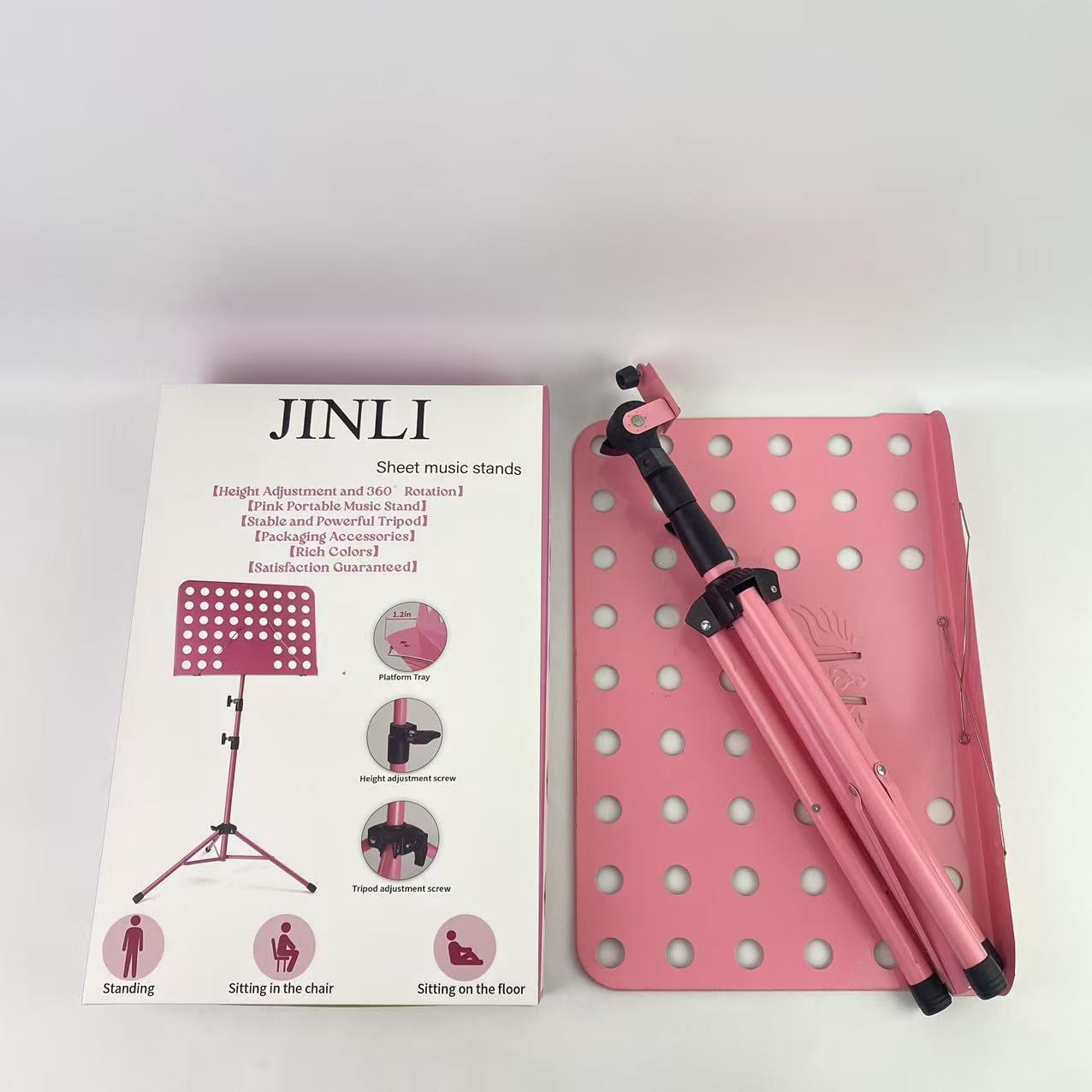 JINLI Sheet music stands ,Pink Music Stand, Portable Music Sheet Stand, Foldable and Height-Adjustable Music Stand with Bag, Sheet Music Clip, Light