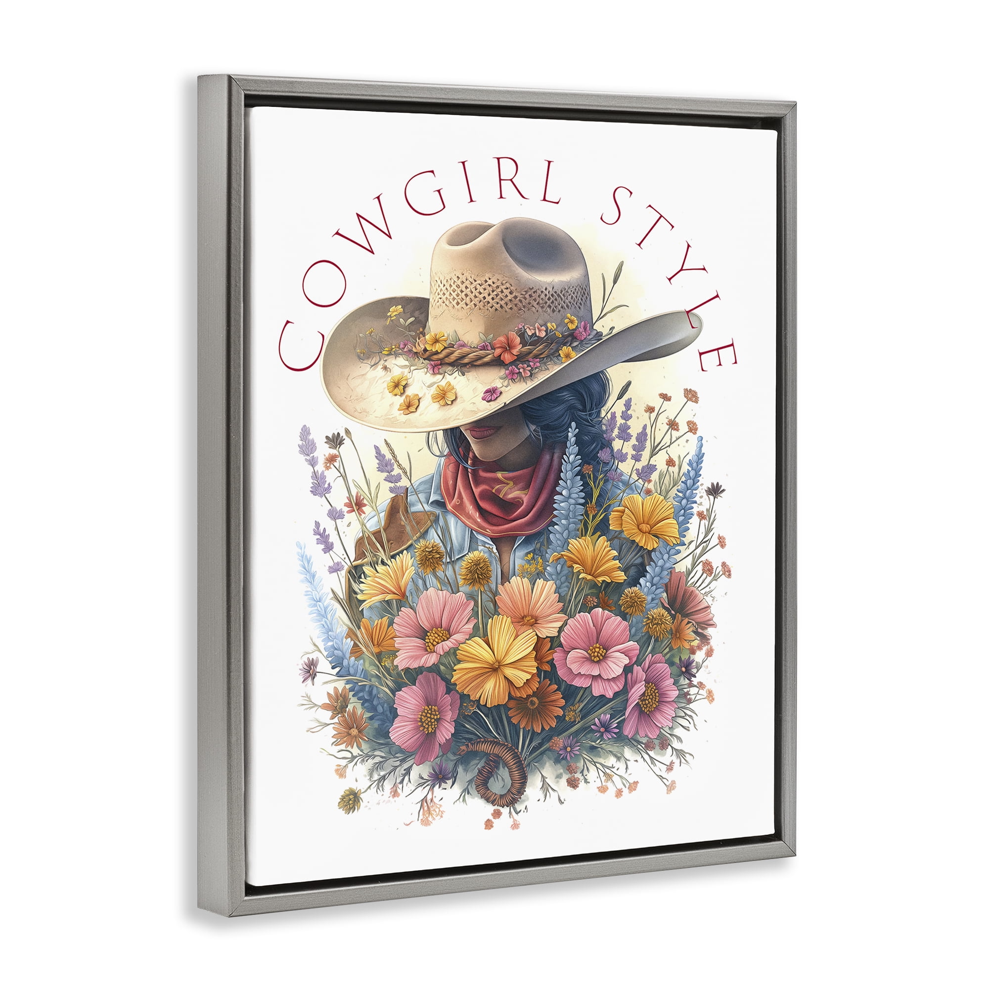 Stupell Industries Cowgirl Style with Florals People Painting Gray Floater Framed Canvas Art Print Wall Art, 25 x 31