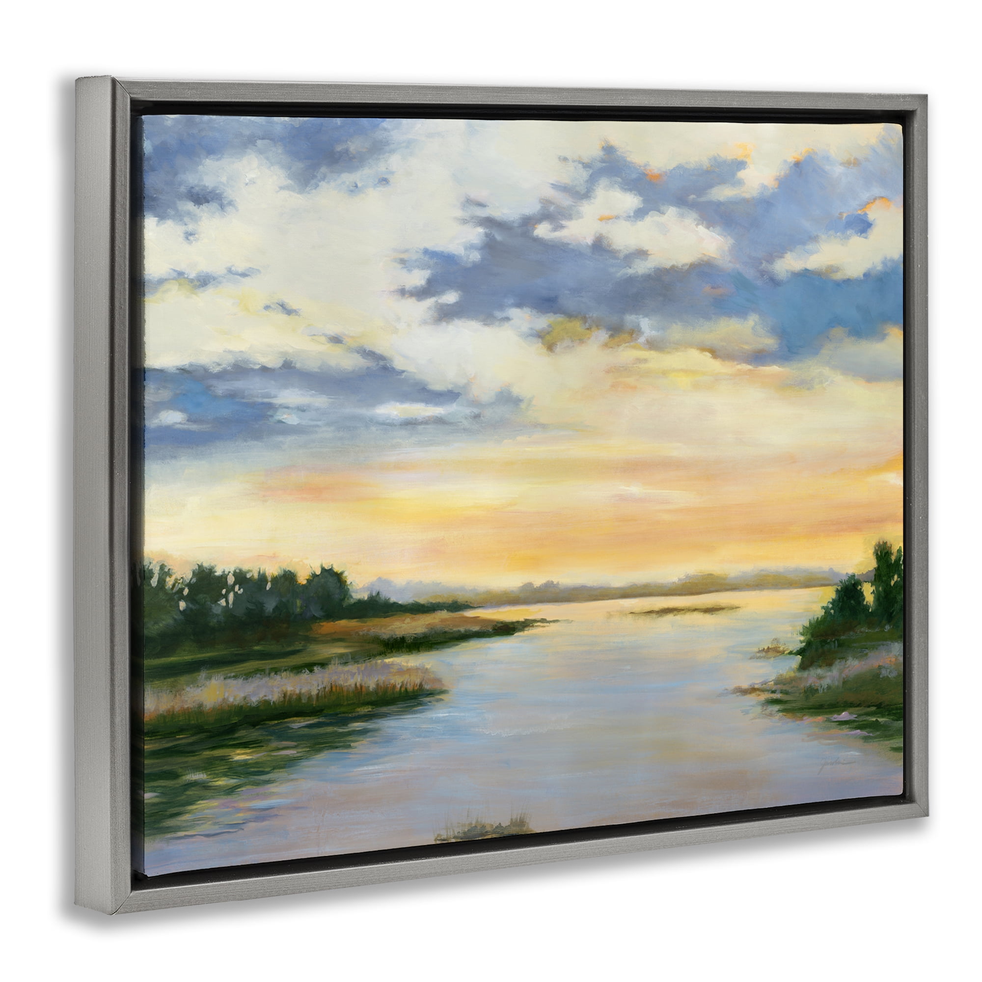 Stupell Industries Sunrise Over Shallow Water Landscape & Nature Painting Gray Floater Framed Canvas Art Print Wall Art, 21 x 17