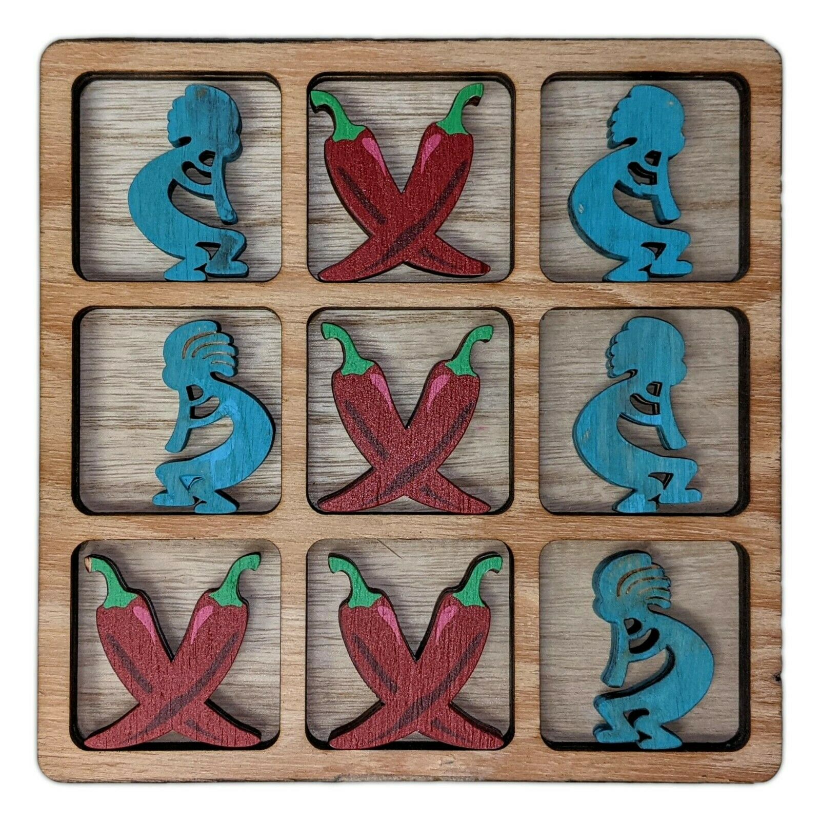 Old Fashioned Wooden TICTACTOE Game, KOKOPELLI & CHILI PEPPERS, by