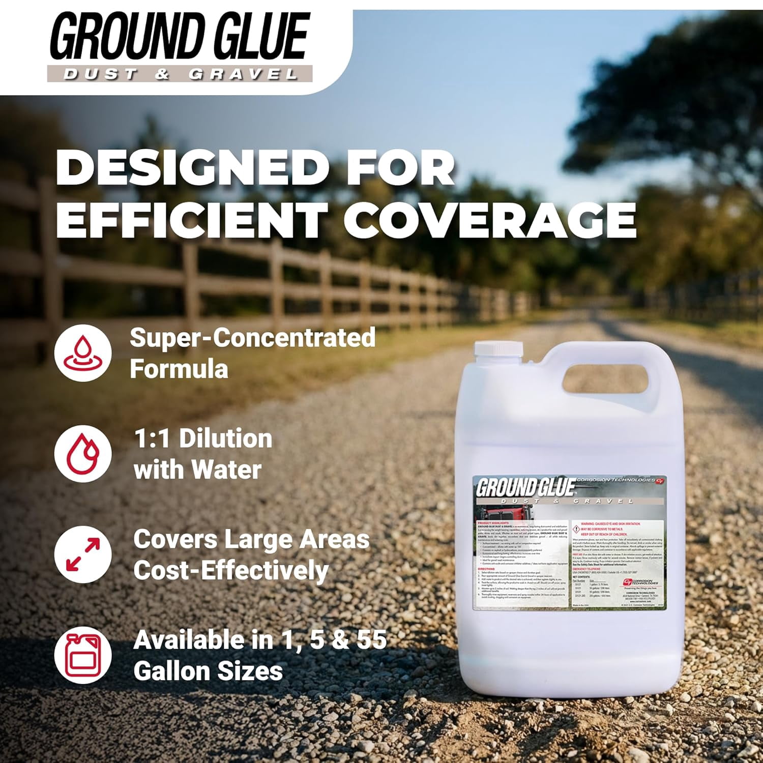 Corrosion Technologies Ground Glue Dust & Gravel, Dust Control Binder for Paths, Roads, Driveways, Ranch & ATV Trails, Super Concentrated Formula for Outdoor Soil & Rock Stabilization, 55 gallon