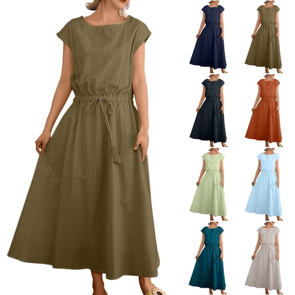 ClodeEU Womens Summer Short Sleeve Shift Dress with Belted ,Flowy Casual Loose Dress Green,Womens Plus L