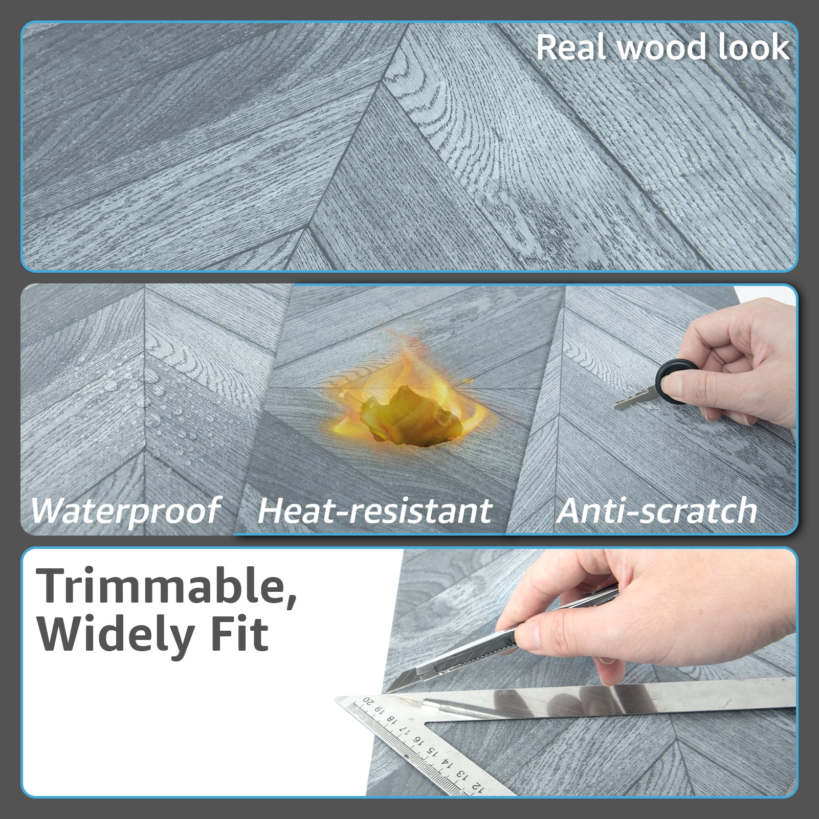 Art3d 30 Pcs Peel and Stick Vinyl Floor Tiles, 12" x 12" Self Adhesive Waterproof Wood Flooring Tile for Home Decor,Kitchen,Cover 30 Sq.ft,Grey