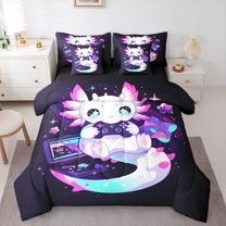 Manfei Cartoon Animal Axolotl 7-Piece Twin Bedding Sets,Game Gamer Gamepad Bedding Comforter Set,Pink Purple Black Ombre Sheet Sets For Girls,Ultra Soft Home Decor Reversible