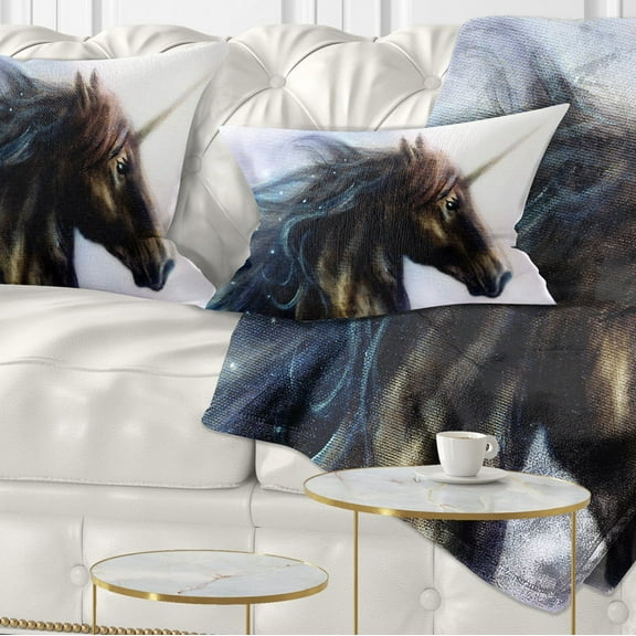 Designart Black Unicorn - Animal Throw Pillow - 12x20