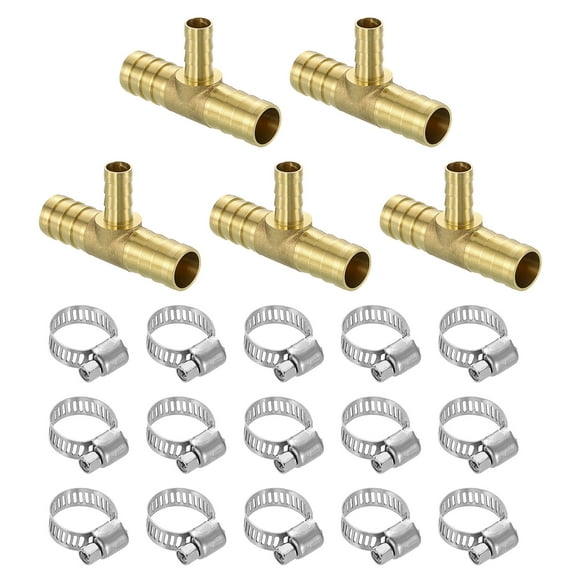 5pack Brass Hose Barb Fittings, 3-Way Tee 5/8" Barbed x 3/8" Barbed x 5/8" Barbed, with 15pack Hose Clamps