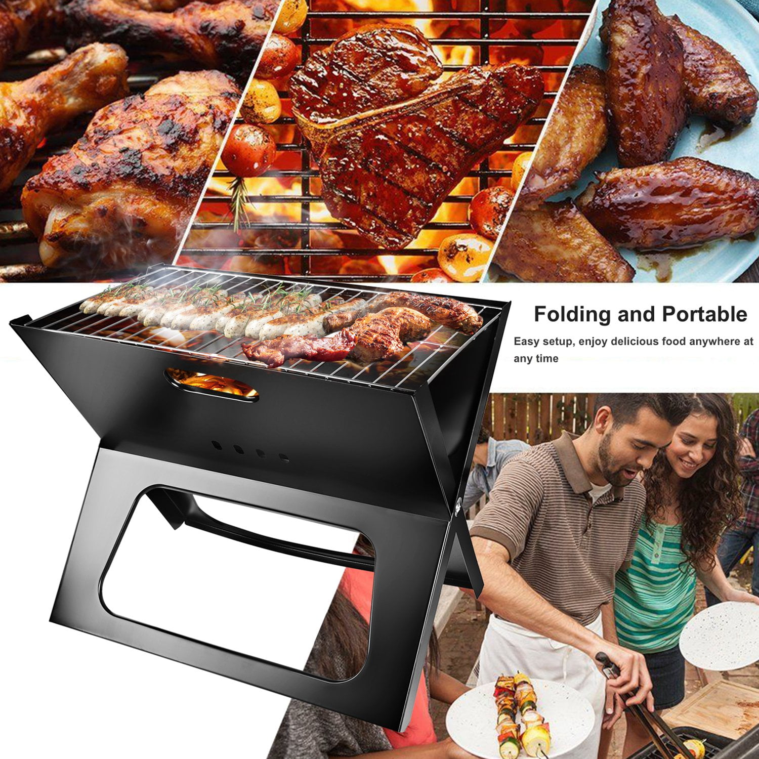 ZHICHUN Foldable Portable Charcoal Grill, 17×10in Cooking Area, Metal Iron Electrophoresis Treated BBQ Grill for Camping Garden Outdoor Travel