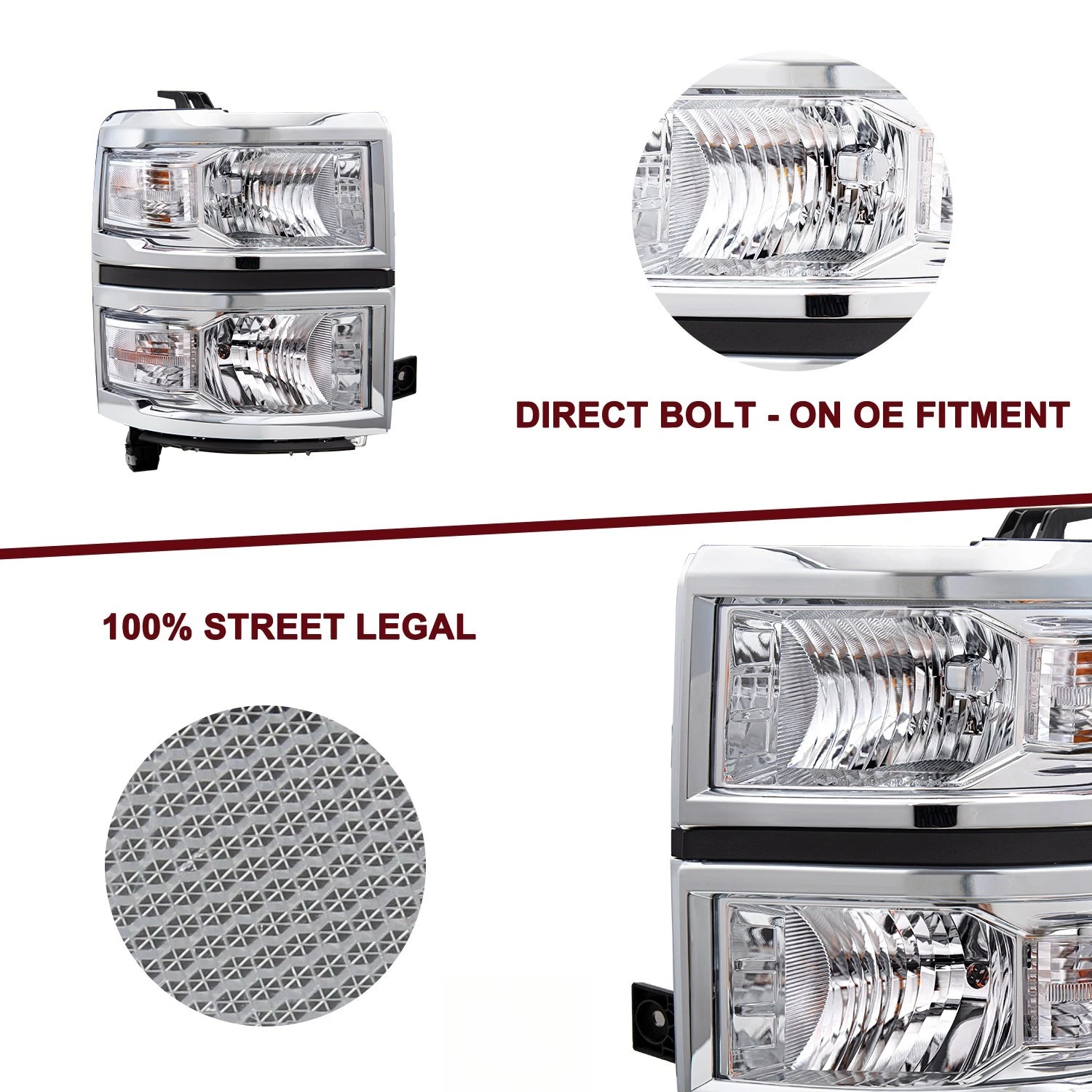 Chrome Headlights For 2014-2015 Chevy Silverado 1500 Headlamps LH+RH Pairs 14-15