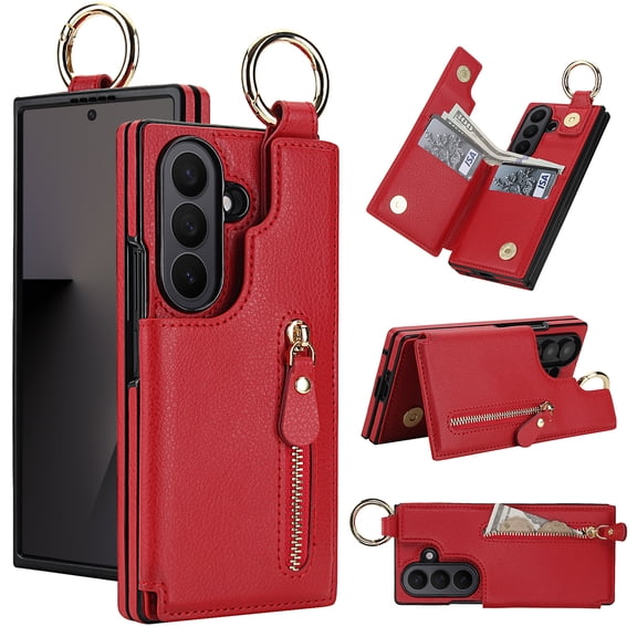 ELEHOLD for Samsung Galaxy Z Fold 7 Wallet Case, Wallet Card Slot Metal Ring Cover Magnetic Clasp Zipper Soft Drop Proof Protection Case for Samsung Galaxy Z Fold 7,Red
