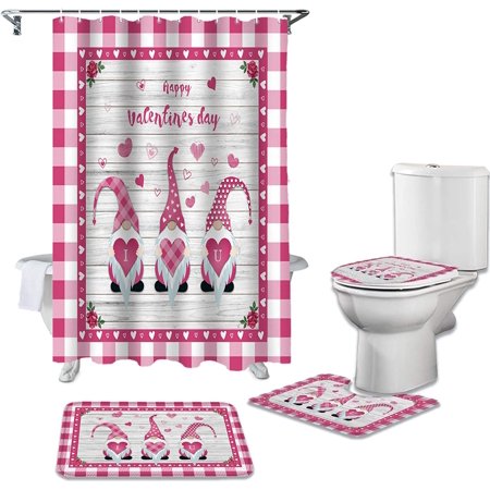 ZHANZZK Cute Valentine's Gnomes on Rustic Wood 4 Piece Bathroom Set Shower Curtain Bath Rug Contour Mat and Toilet Lid Cover
