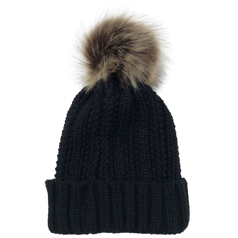 Thick Cable Knit Fleece Lined Skull Cap Beanie Faux Fur Pom Y2K Chic Thick Cable Knit Faux Fuzzy Fur Pom Fleece Lined Skull Cap  main image 4