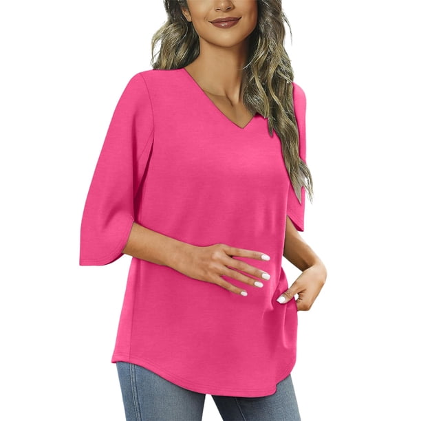 Tops de verano para mujer: túnica holgada con cuello en V y manga 3/4, poliéster, informal/trabajo/cita, para combinar con leggings