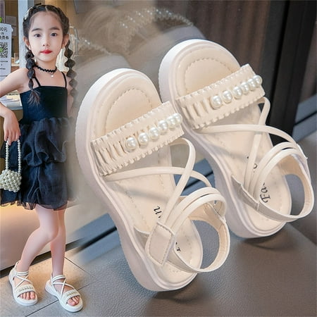 

8QIDA Sandals for Girls Size 3.5 Big Kids Girl Sandals Summer Pearl Roman Shoes Flat Bottomed Non Slip Daily with Dress Shoes 27