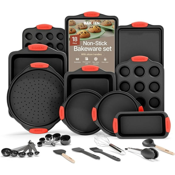 Bakken- Swiss Kitchen Baking Pan Set - Nonstick Coating, Carbon Steel Bakeware Sets with Red Silicone Handles, Baking Kitchen Essentials, Oven Safe Tray (Up To 450° F), Set of 18