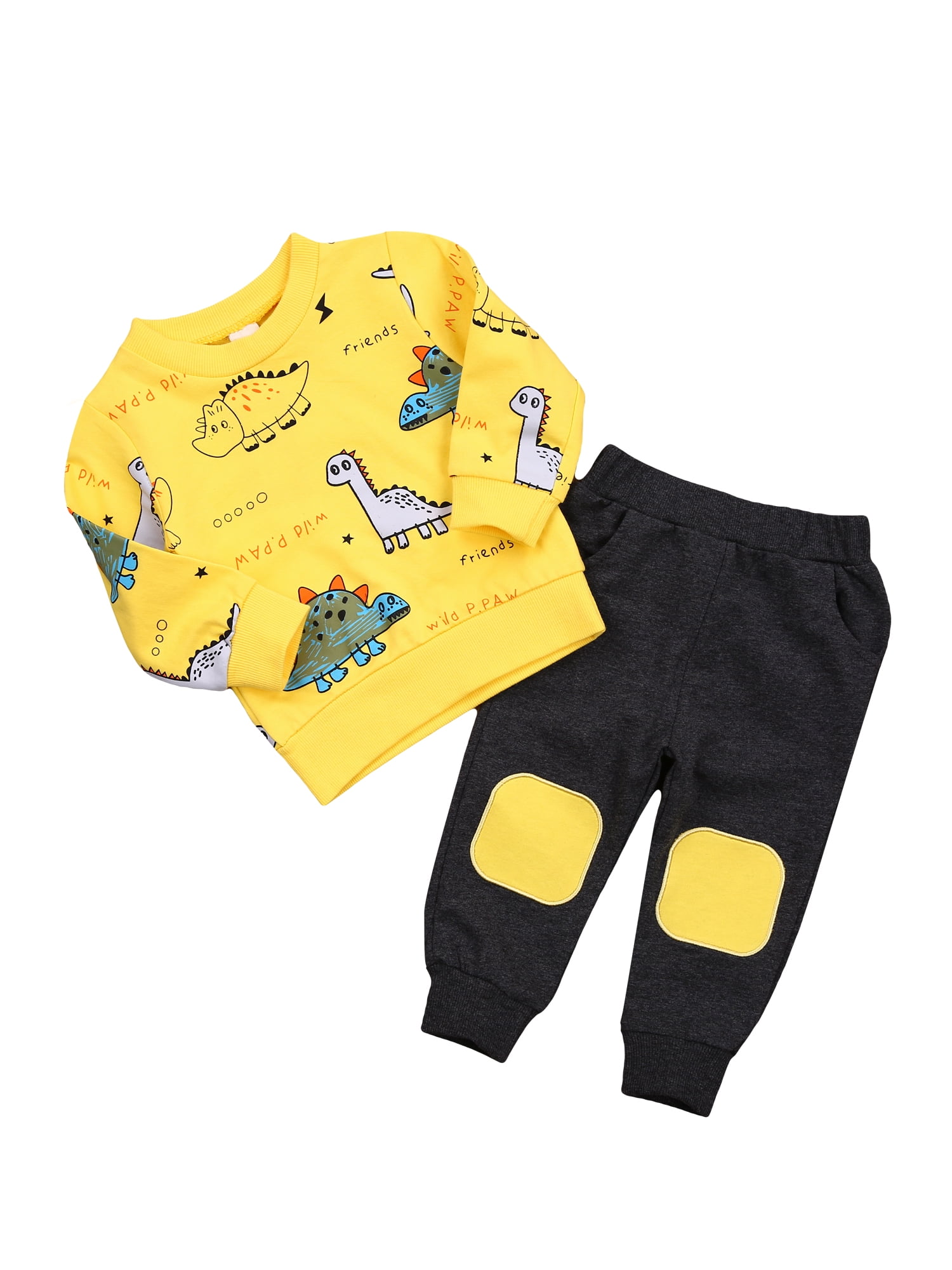 2-piece Kid Boy Animal Dinosaur Print Hoodie and Letter Print Elasticized Pants with Pocket Set